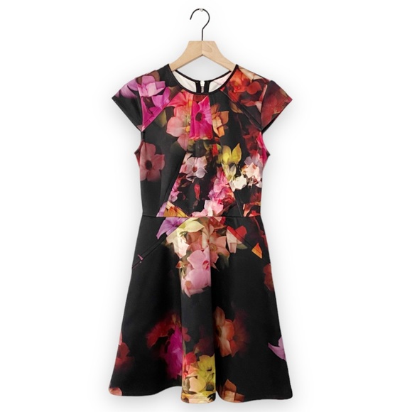 Ted Baker Pink Embla Cascading Floral Skater Dress Ted Size 1 Black Cap Sleeve - Picture 2 of 14